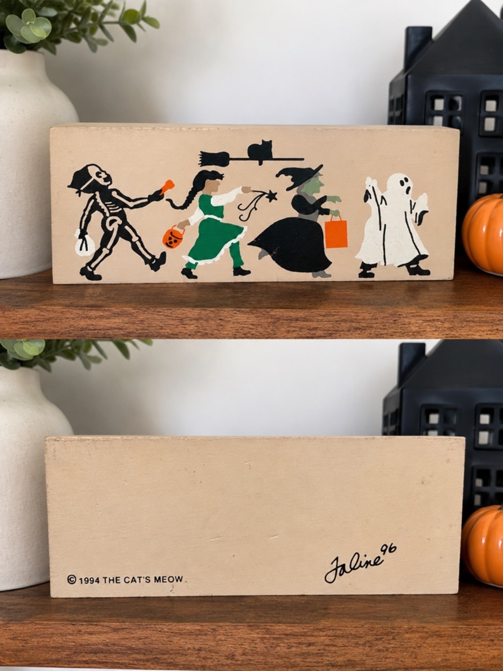 Vintage Cat's Meow Halloween Parade Skeleton Witch Ghost Wood Shelf Sitter